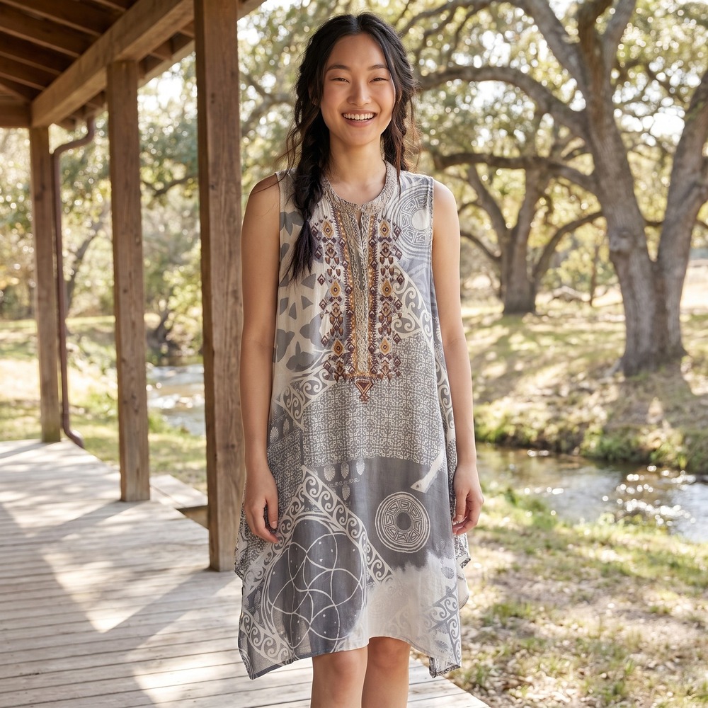 Johnny Was Biya Silk Dress Womens L Grey Embroidered Boho Asymmetrical Hem